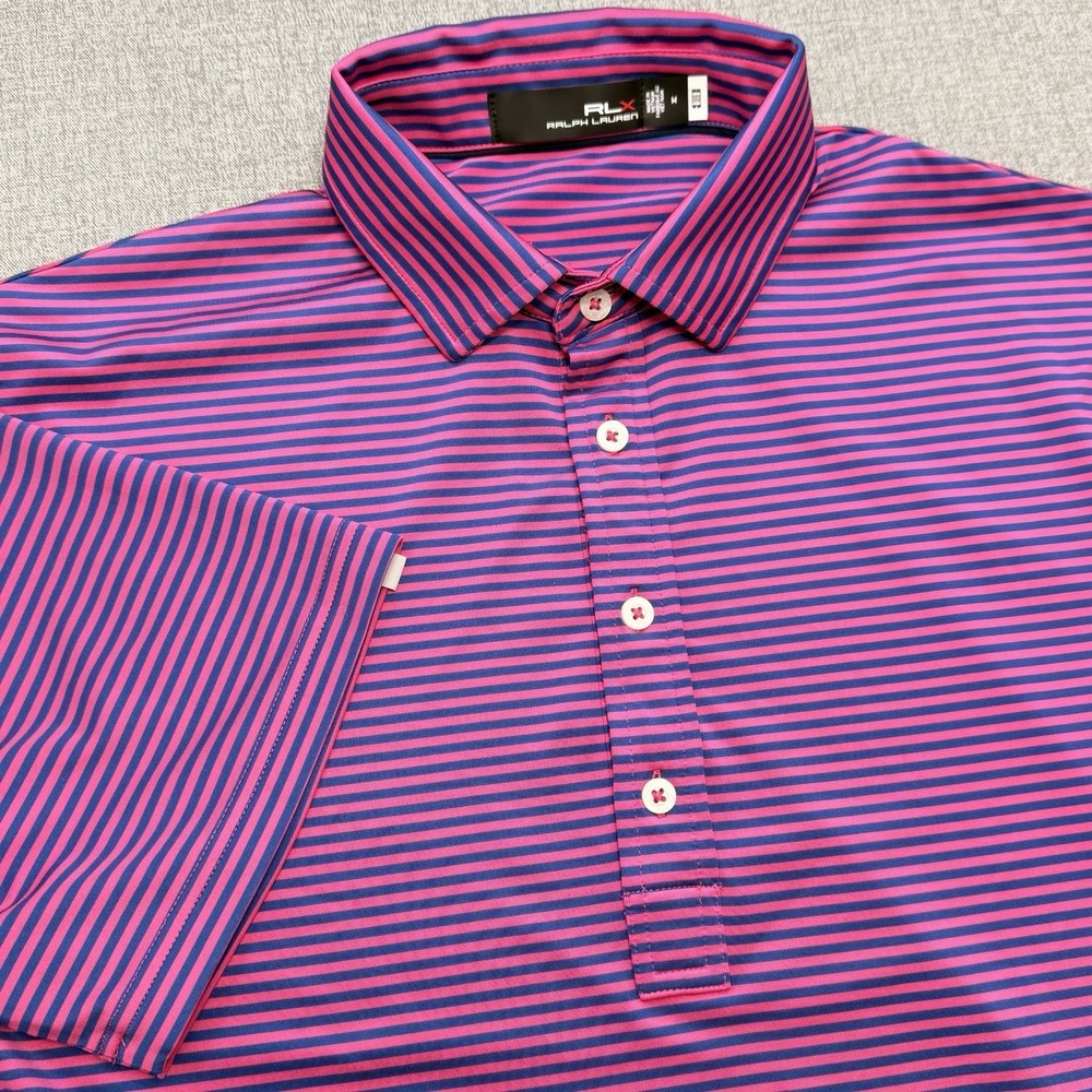 RLX Ralph Lauren Golf Polo Mens M Pink Navy Stripe Performance Stretch Shirt